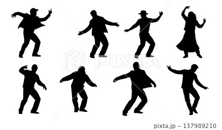 Black Solid Diverse Dancing Silhouettes Set of Six on White Background Black Solid Diverse Dancing Silhouettes Set of Six on White Background 137989210