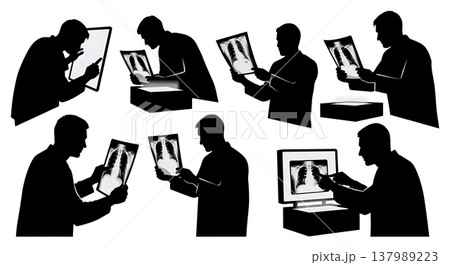Black Solid X-ray Analysis Silhouettes Set of Six on White Background Black Solid X-ray Analysis Silhouettes Set of Six on White Background 137989223