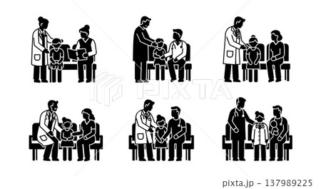 Black Solid Doctor Consultation Silhouettes Set of Six on White Background Black Solid Doctor Consultation Silhouettes Set of Six on White Background 137989225