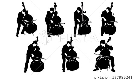 Black Solid Double Bassist Silhouettes Set of Six on White Background 137989241