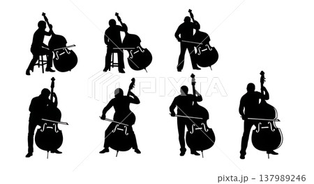 Black Solid Bassist Poses Silhouettes Set of Six on White Background 137989246