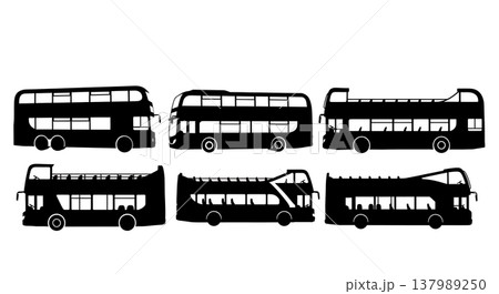 Black Solid Public Double-Decker Buses and Tour Buses Silhouettes Set of Six on White Background 137989250