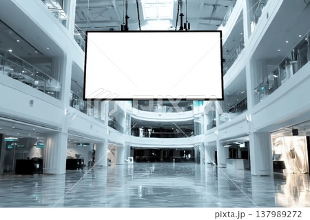Indoor shopping mall advertising billboard. large video promotion LED screen in public space area Indoor shopping mall advertising billboard. large video promotion LED screen in public space area 137989272