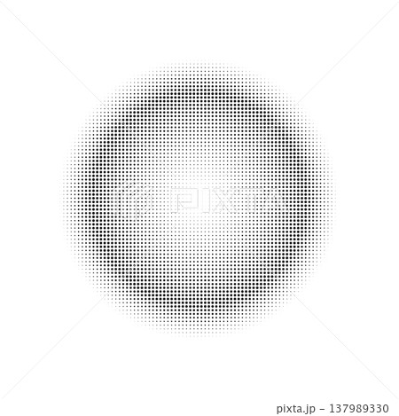 Vector halftone radial dot pattern in a circle. Monochrome geometric element for retro pop art, modern backgrounds, and technical designs. Isolated circular texture for print and digital overlays. 137989330