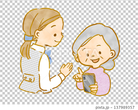 一位店員正在教導一位微笑的老婦人如何使用智慧型手機。 137989357