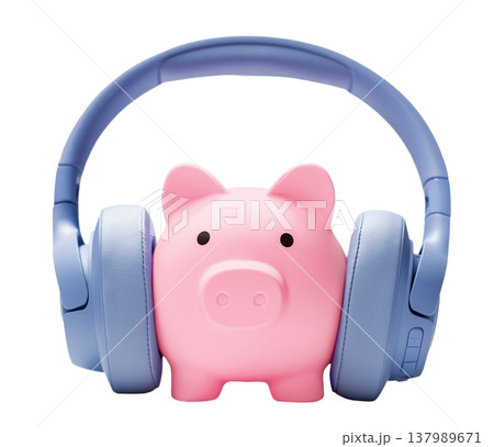 Piggy bank with headphones isolated on transparent background Piggy bank with headphones isolated on transparent background 137989671