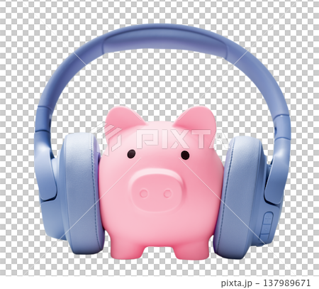 Piggy bank with headphones isolated on transparent background Piggy bank with headphones isolated on transparent background 137989671