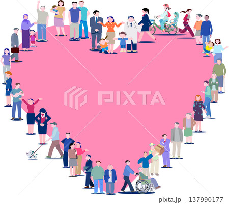 社会保障と福祉の多様な人々が集まるハートのフレームイラスト（ベクター・コピースペース・編集可能） 137990177