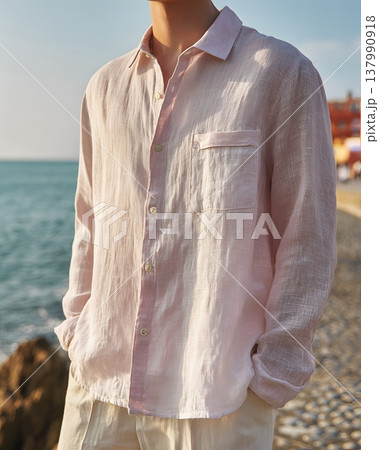 Casual linen shirt product seaside wind motion lifestyle aesthetic Casual linen shirt product seaside wind motion lifestyle aesthetic 137990918