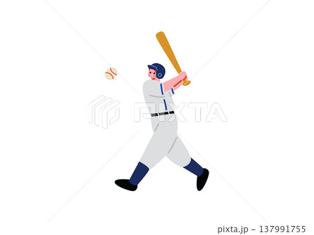 バットでボールを打つ野球選手のイラスト 137991755