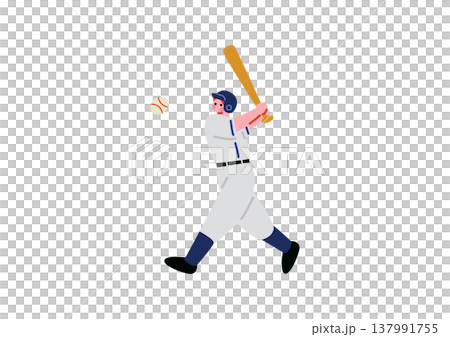 一幅棒球選手用球棒擊球的插圖。 137991755