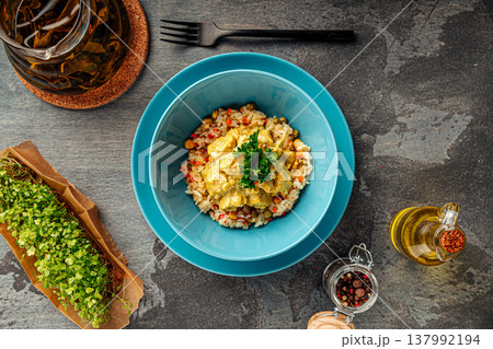 Chicken fried rice with vegetables in bowl Chicken fried rice with vegetables in bowl 137992194