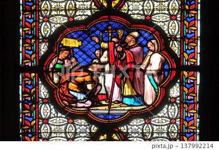 Baptism of Constantine after his victory over Maxentius, stained glass window in the Basilica of Saint Clotilde in Paris Baptism of Constantine after his victory over Maxentius, stained glass window in the Basilica of Saint Clotilde in Paris 137992214
