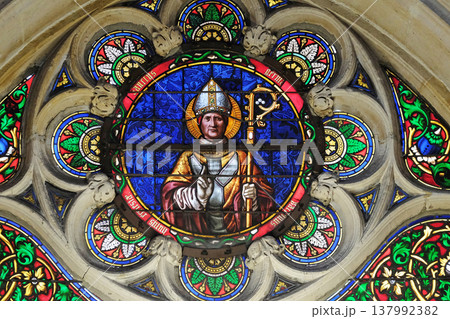 Saint Germain martyr, stained glass window from Saint Germain-l'Auxerrois church in Paris, France Saint Germain martyr, stained glass window from Saint Germain-l'Auxerrois church in Paris, France 137992382