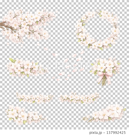 水彩風の桜フレームと装飾セット 春のイラスト素材 水彩風の桜フレームと装飾セット 春のイラスト素材 137992425