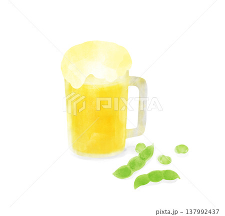 ビールと枝豆の水彩イラスト ジョッキに入ったビールとおつまみ 夏・居酒屋 137992437