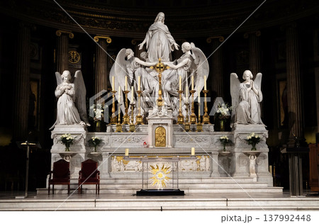 Interiors of Eglise de la Madeleine. Madeleine Church was designed in its present form as a temple to the glory of Napoleon's army, Paris, France. 137992448