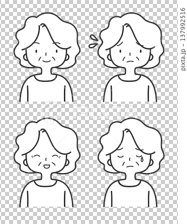 一套老年女性面部表情（微笑、擔憂、高興、哭泣）——簡單的線條藝術插圖。 137992516