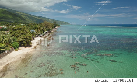 Breathtaking aerial view of lush green tropical vegetation meeting white sandy beach and crystal-clear turquoise lagoon water with tourists enjoying swimming in the shallows of Tahiti island 137993161