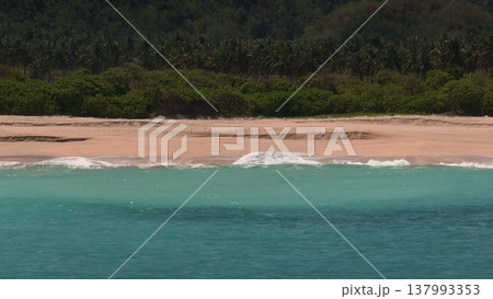 Lombok Pantai Tomang Omang tropical beach with emerald ocean water washing along the sandy coastline, backed by lush green palm trees and dense vegetation. Natural exotic background 137993353
