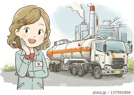 働く女性シリーズ：水素タンクローリーと立つ女性スタッフ｜エネルギー輸送を表す工業イメージ 137993906