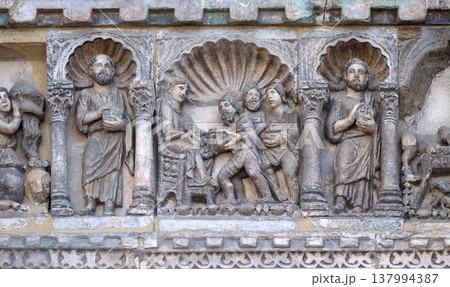 Nativity Scene, Adoration of Magi, relief detail of St. Mark's Basilica, St. Mark's Square, Venice, Italy Nativity Scene, Adoration of Magi, relief detail of St. Mark's Basilica, St. Mark's Square, Venice, Italy 137994387