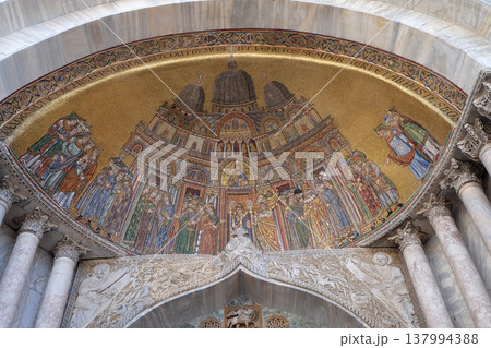 Translation of the body of Saint Mark, mosaic on the facade of St. Mark's Basilica, Venice, Italy 137994388