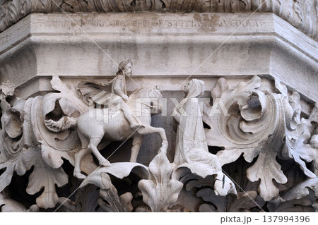 Medieval reliefs from Doge's Palace capital in Saint Mark Square, Venice, Italy 137994396
