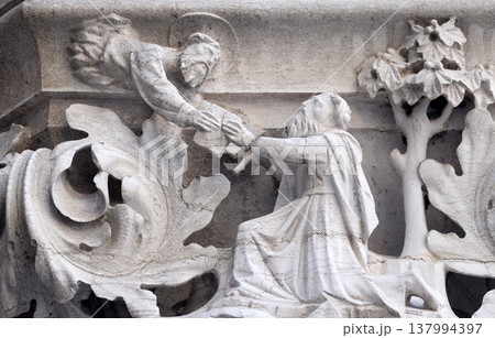 Medieval reliefs from Doge's Palace capital in Saint Mark Square, Venice, Italy Medieval reliefs from Doge's Palace capital in Saint Mark Square, Venice, Italy 137994397