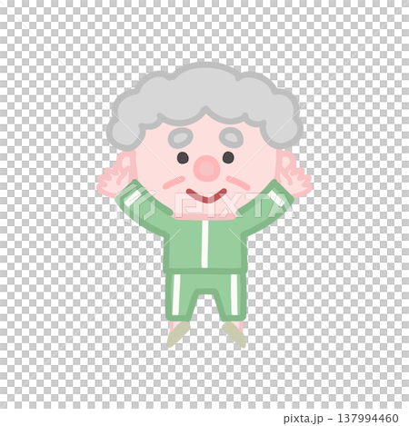 一組可愛的插圖，描繪了穿著運動服鍛鍊的老年男性。 137994460