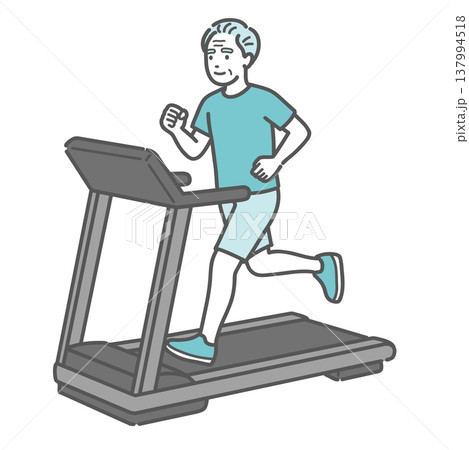 トレッドミルで笑顔でランニングをするシニア男性のイラスト（健康づくり・フィットネス） 137994518