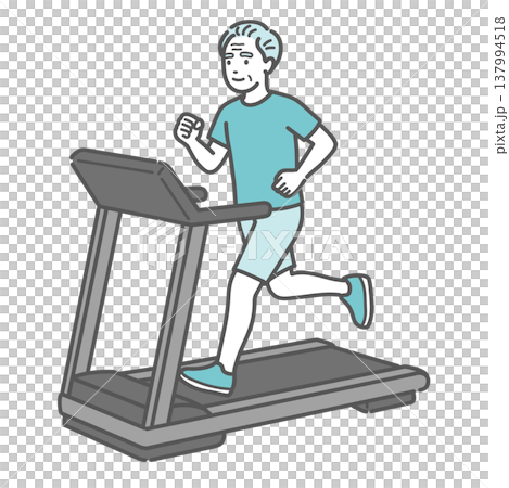 一位老年男子麵帶微笑地在跑步機上跑步的插圖（健康與健身）。 137994518