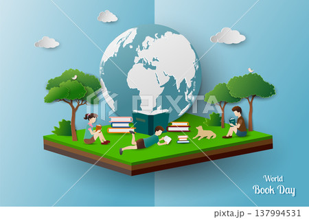 Poster campaign of world book day,Globe with children reading book on isometric landscape background 137994531