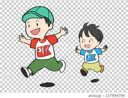 こいのぼりの描かれたTシャツを着て、元気に走る兄弟 137994799