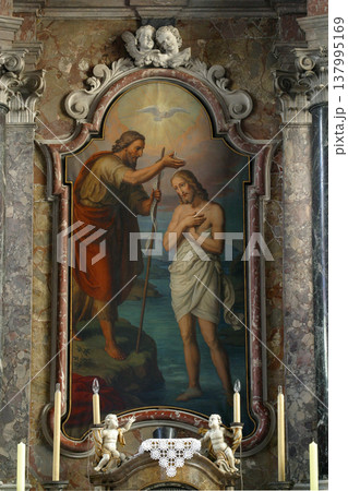 Baptism of the Lord, altarpiece in the Saint John the Baptist church in Zagreb, Croatia Baptism of the Lord, altarpiece in the Saint John the Baptist church in Zagreb, Croatia 137995169
