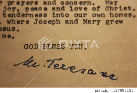 The letter signed by Mother Teresa which is exposed in Mother Teresa Memorial House in Skopje, Macedonia 137995185