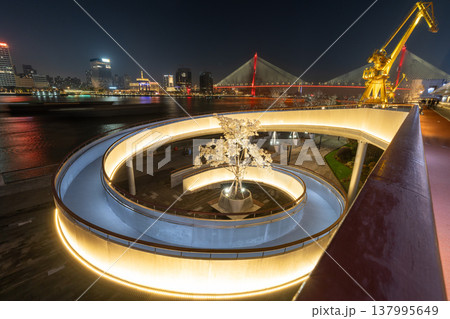 上海楊浦大橋夜景、螺旋スロープと光るモクレンの木の都市景観 上海楊浦大橋夜景、螺旋スロープと光るモクレンの木の都市景観 137995649