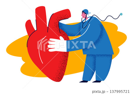 Male surgeon in medical uniform examining and holding a huge red human heart with stethoscope in flat corporate memphis style. Vector illustration. 137995721
