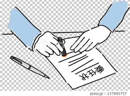 一幅簡單的線條畫，描繪了一名男子的手在授權委託書上蓋章。 137995757