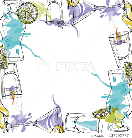 Blue Lagoon and Aviation cocktails, Flaming Sambuca and Blue Kamikaze shots frame in clean ink vector style. Hand drawn border for nightlife branding, event invites, digital layouts and cocktail kits. Blue Lagoon and Aviation cocktails, Flaming Sambuca and Blue Kamikaze shots frame in clean ink vector style. Hand drawn border for nightlife branding, event invites, digital layouts and cocktail kits. 137995777