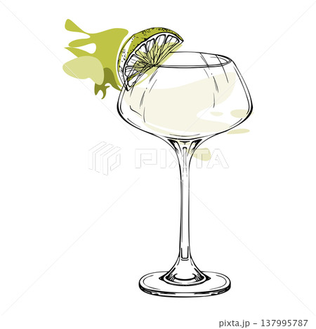 Margarita, daiquiri cocktail in flat vector, lime on rim, clear spirits like gin tonic, tequila, sambuca. Minimal gradient shading, elegant shape hand drawn in ink. Culinary branding, summer decor. Margarita, daiquiri cocktail in flat vector, lime on rim, clear spirits like gin tonic, tequila, sambuca. Minimal gradient shading, elegant shape hand drawn in ink. Culinary branding, summer decor. 137995787