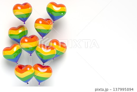 Pride LGBT 3d glossy heart balloons. Lesbian gay bisexual transgender concept love symbol. Rainbow flag, white background. 3d rendering illustration. Pride LGBT 3d glossy heart balloons. Lesbian gay bisexual transgender concept love symbol. Rainbow flag, white background. 3d rendering illustration. 137995894