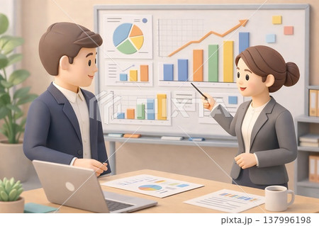 オフィスでデータ分析とプレゼンテーションを行う同僚の3Dイラスト 137996198