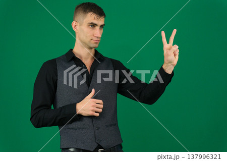Southeast Asian man wearing flannel shirt showing happy excited expression with giving number 12345 by hand gesture, on white isolated background. Southeast Asian man wearing flannel shirt showing happy excited expression with giving number 12345 by hand gesture, on white isolated background. 137996321