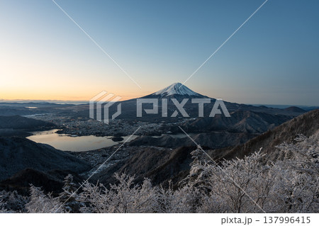 朝焼けに映える富士山と樹氷、眼下に河口湖を望む 朝焼けに映える富士山と樹氷、眼下に河口湖を望む 137996415