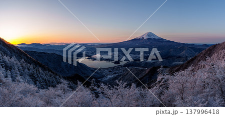 朝焼けに映える富士山と樹氷、眼下に河口湖を望む 137996418
