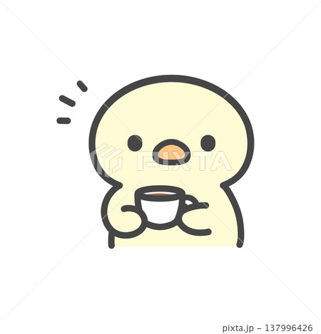 カップを持ってこちらを見るひよこの手描きイラスト コーヒーやお茶で休憩する カップを持ってこちらを見るひよこの手描きイラスト コーヒーやお茶で休憩する 137996426