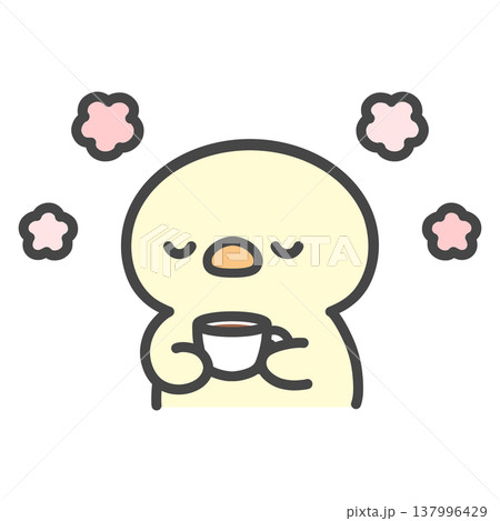 カップを持ってほっと一息つくひよこの手描きイラスト コーヒーやお茶でくつろぐ癒しの時間 カップを持ってほっと一息つくひよこの手描きイラスト コーヒーやお茶でくつろぐ癒しの時間 137996429