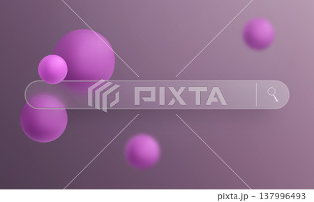 Glassmorphism search bar with purple gradient spheres on dark background for UI design 137996493
