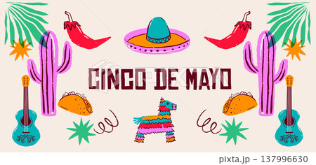 Cinco de Mayo Mexican holiday celebration background with hand-drawn decorative elements, symbols 137996630